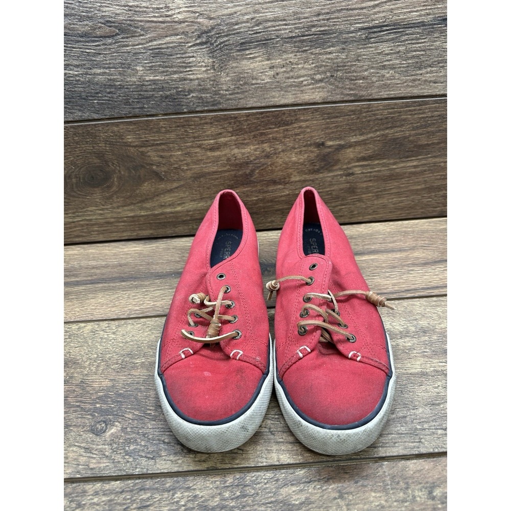 Womens Sperry Top-Sider Classic‎ Red Canvas Leather Laces Boat Shoes Flats Sz 10
